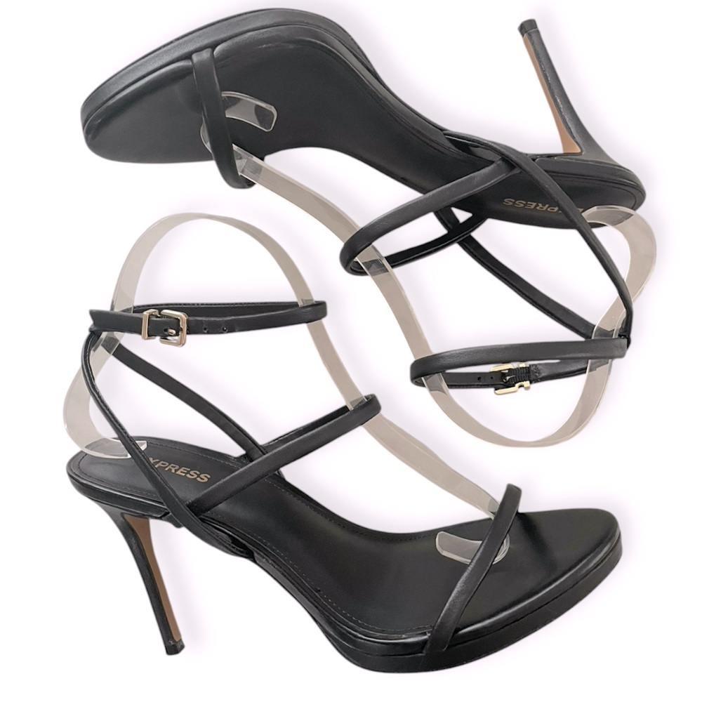 Express women’s leather upper strappy platform sandal stiletto heel size 9 black